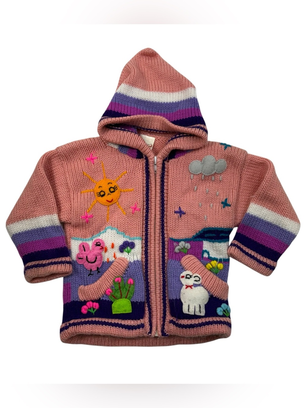 San York Vintage 80s Folk Art Peruvian Cotton Farm Animal Patchwork Full Zip Top